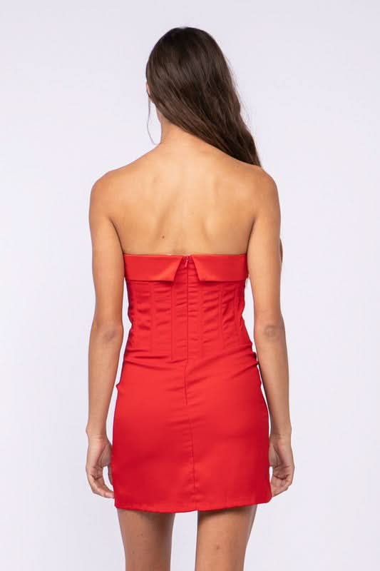 See You There Red Mixed Media Strapless Mini Dress