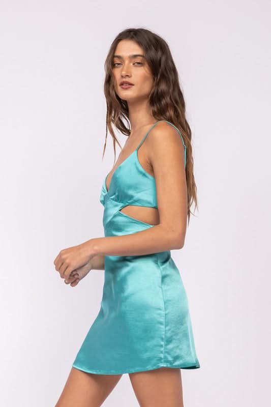 Sweet Talker Light Teal Satin Cutout Mini Dress