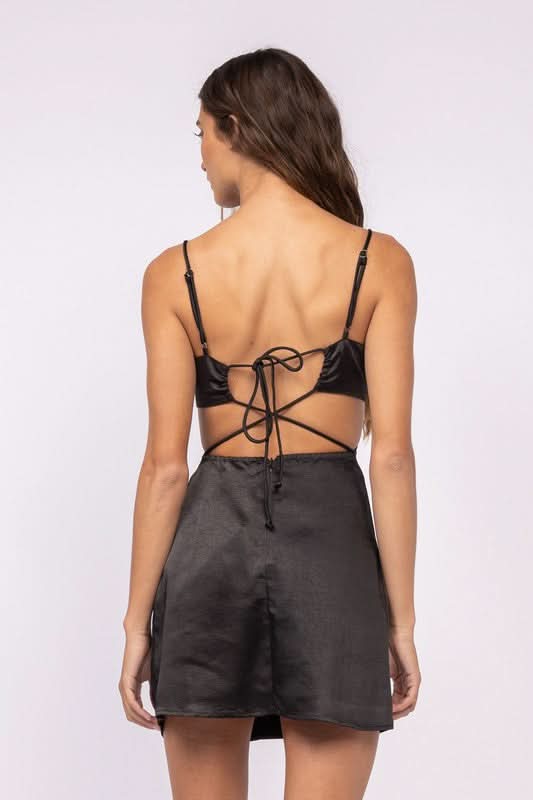 Sweet Talker Black Satin Cutout Mini Dress