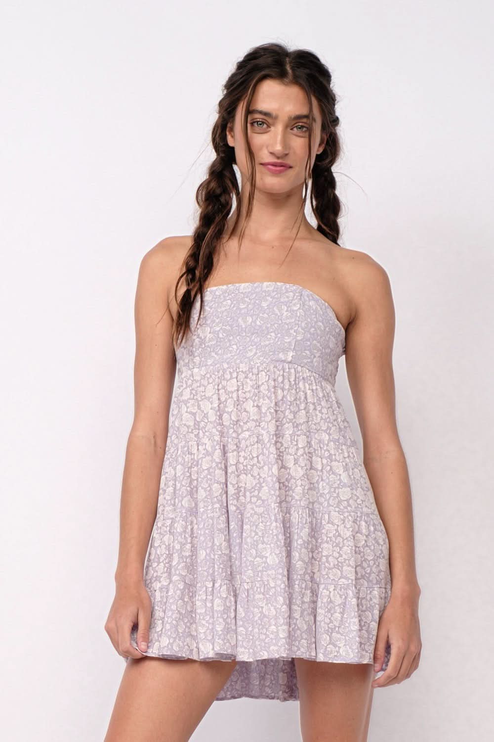 Avery Lavender Floral Print Strapless Mini Dress