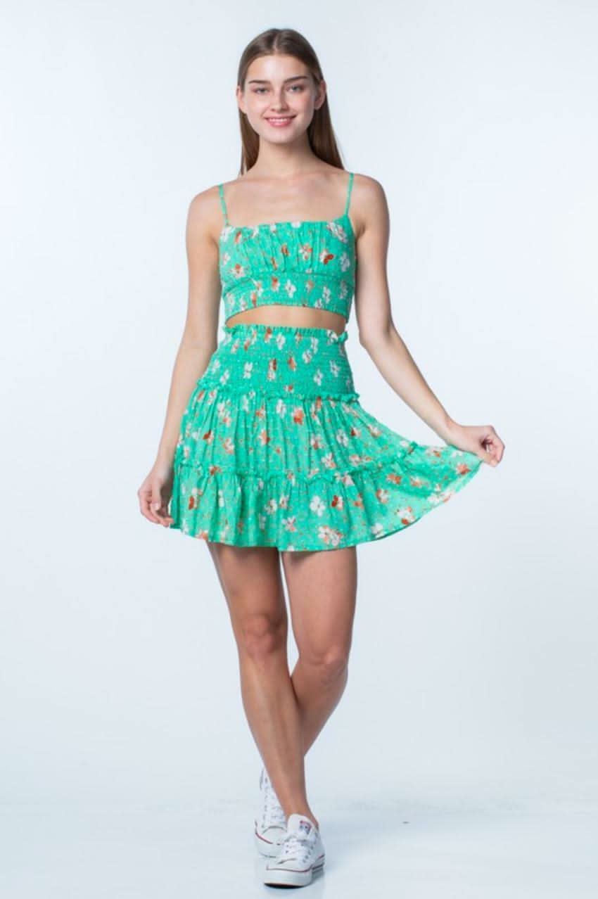 Ali Biscay Green Floral Print Smocked Two-Piece Dress Set