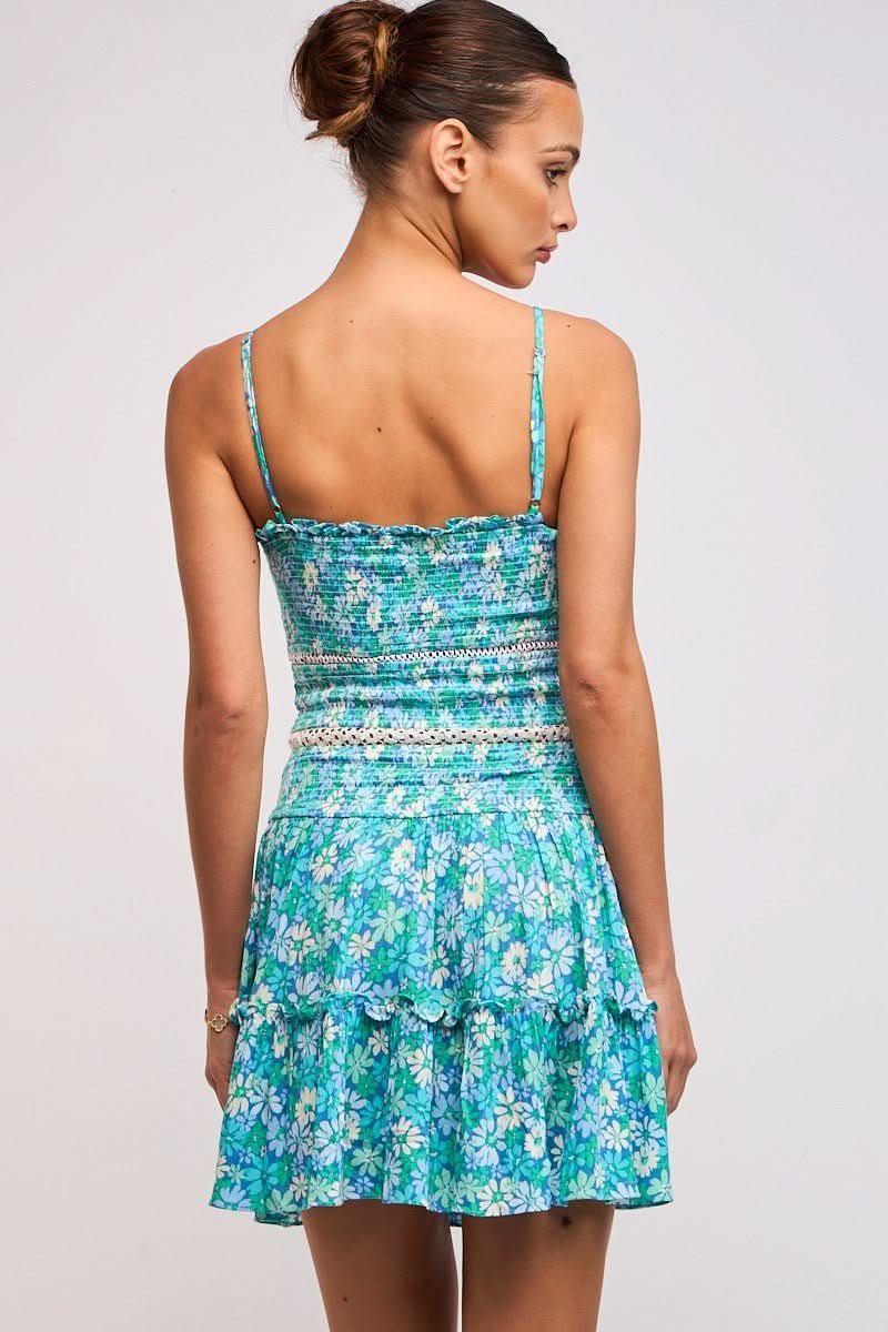 Ayla Teal Blue Floral Smocked Mini Dress