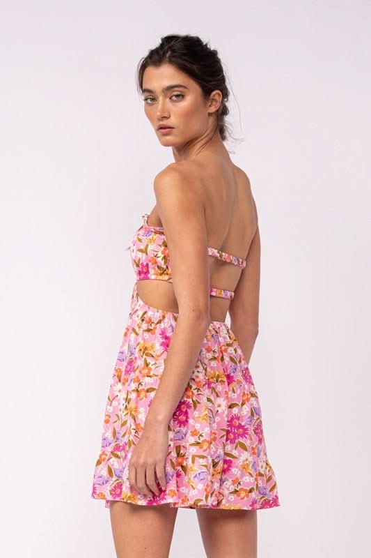 Rachel Pink Daisy Print Strapless Mini Dress