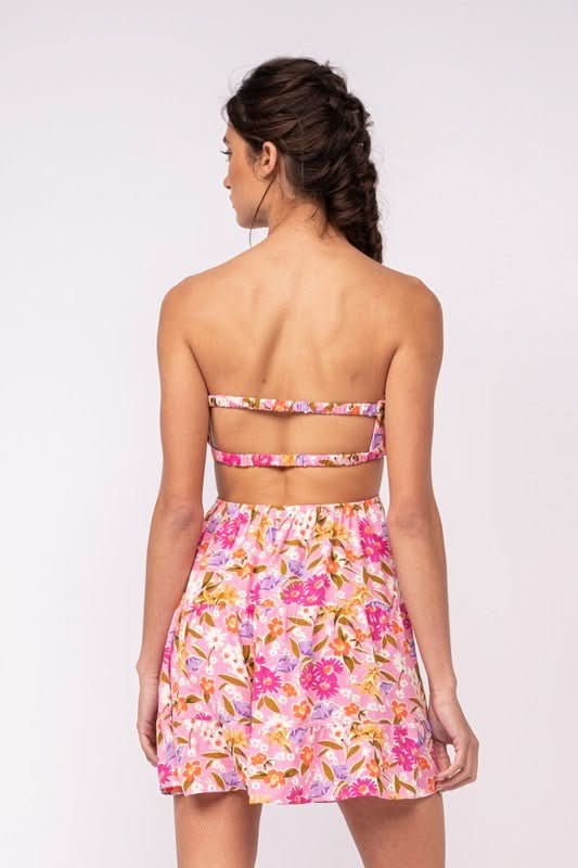 Rachel Pink Daisy Print Strapless Mini Dress
