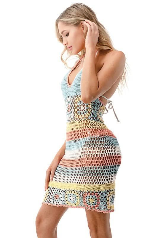 Mindy Pink and Blue Rainbow Crochet Swim Coverup Dress