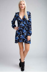 Middleton Black and Blue Floral Long Sleeve  Wrap Dress