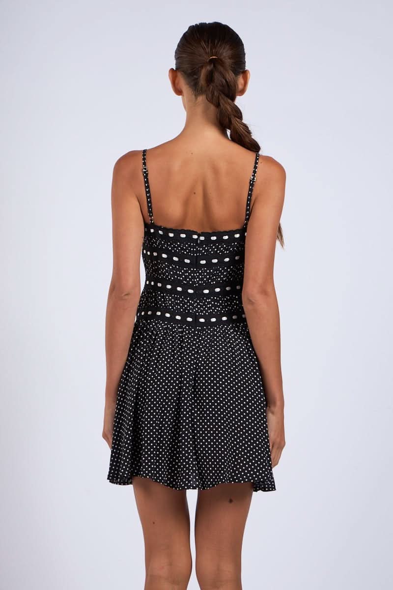 Audrey Black Polka Dot Ribbon Trim Mini Dress