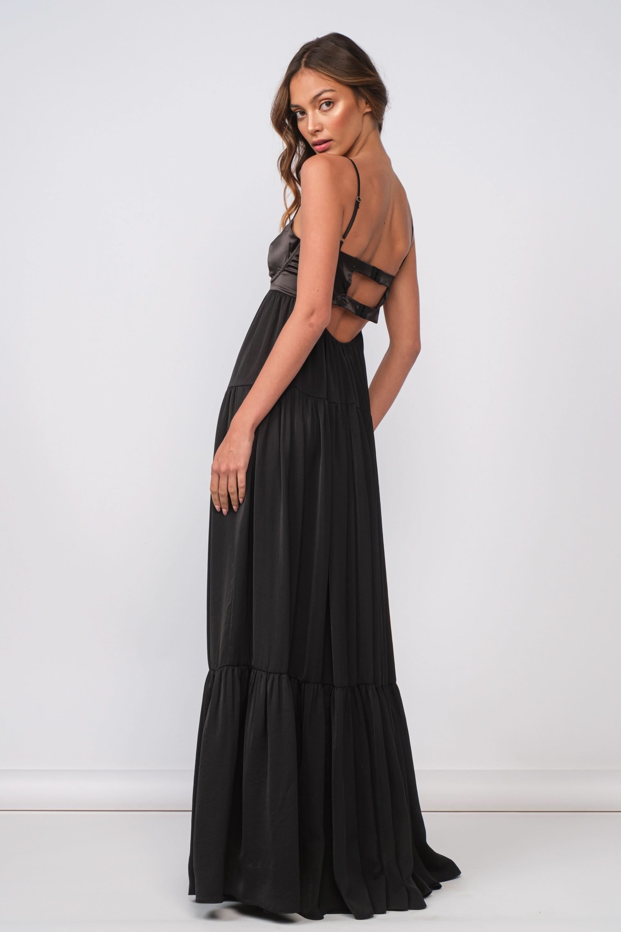 Blaire Black Satin Tiered Maxi Dress