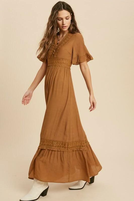 Heart Of Soul Camel Short Sleeve Maxi Dress