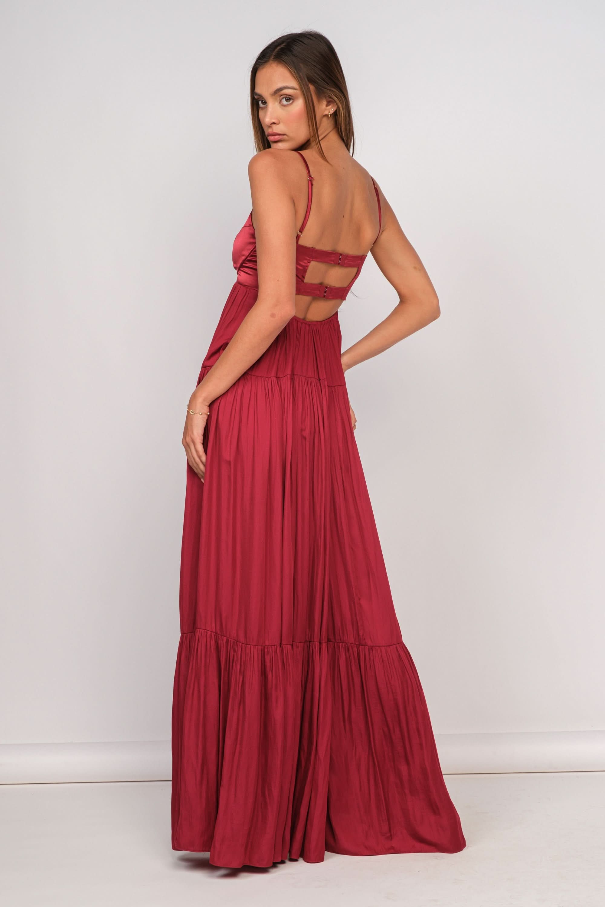 Blaire Burgundy Satin Tiered Maxi Dress