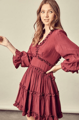 Adele Wine Long Sleeve Ruffle Mini Dress