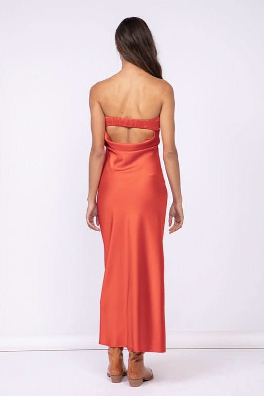 Irene Red Satin Strapless Maxi Dress