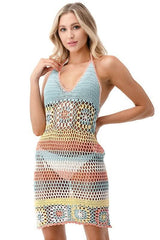 Mindy Pink and Blue Rainbow Crochet Swim Coverup Dress