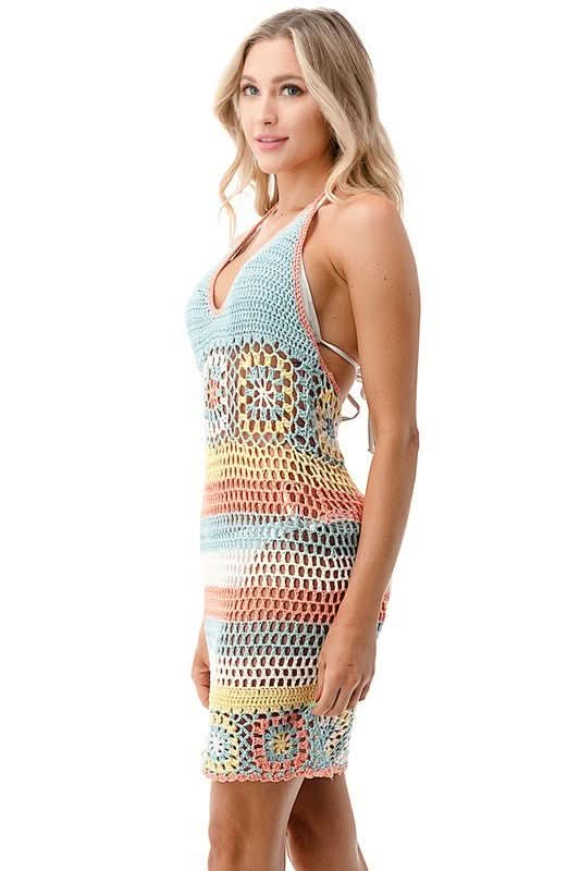 Mindy Pink and Blue Rainbow Crochet Swim Coverup Dress