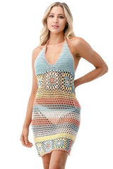 Mindy Pink and Blue Rainbow Crochet Swim Coverup Dress