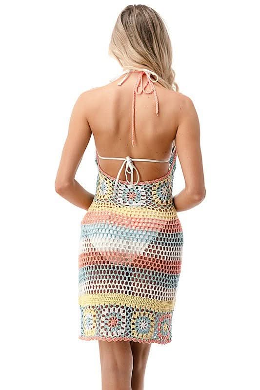Mindy Pink and Blue Rainbow Crochet Swim Coverup Dress
