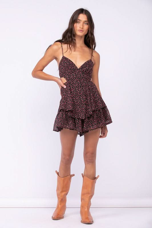 Aristea Black Floral Cutout Romper Dress