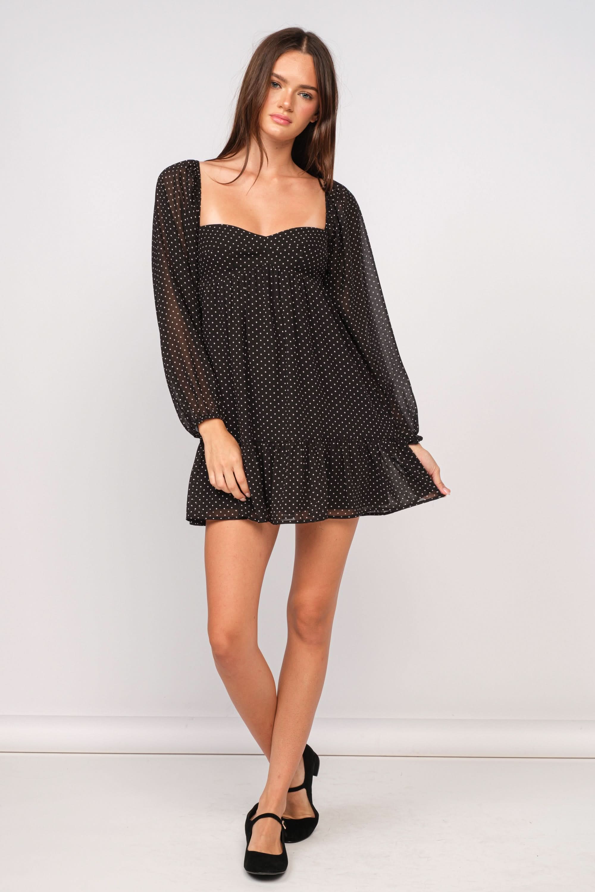 Trish Black Dot Long Sleeve Babydoll Mini Dress