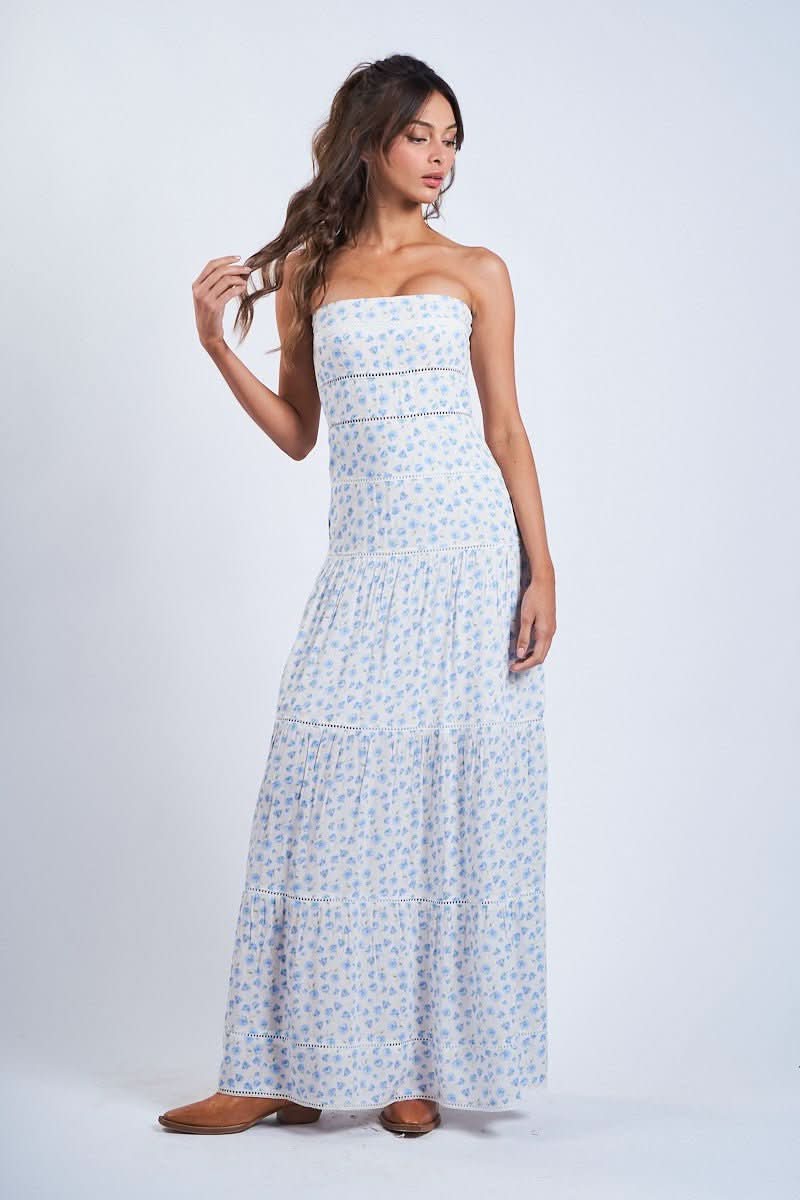 Amalfi White and Blue Ditsy Floral Maxi Dress