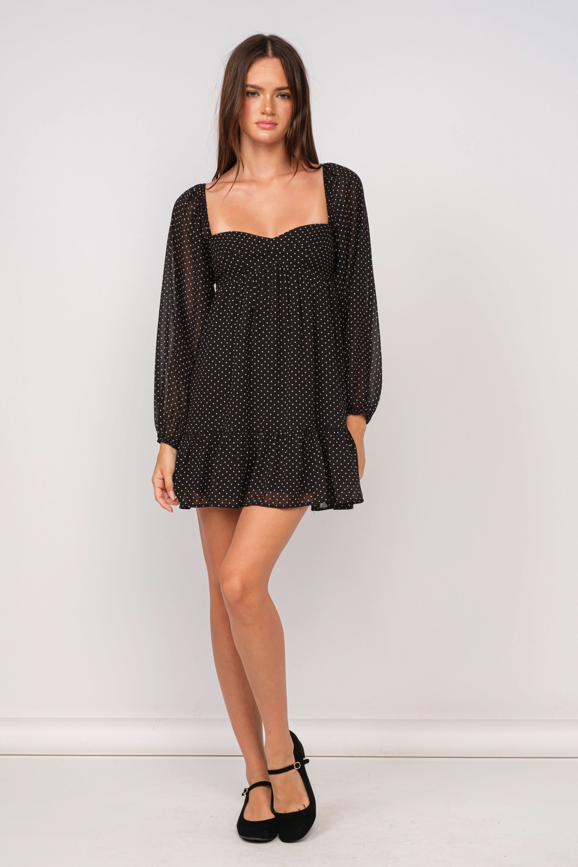 Trish Black Dot Long Sleeve Babydoll Mini Dress