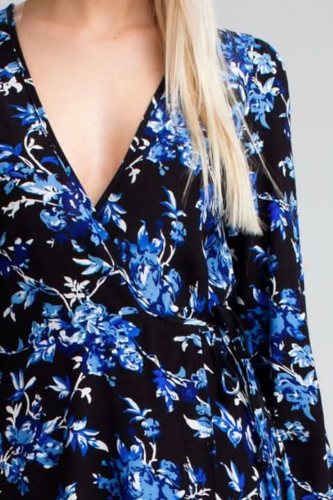Middleton Black and Blue Floral Long Sleeve  Wrap Dress