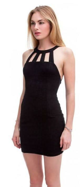 French Kiss Black High Neck Strappy Bodycon Dress