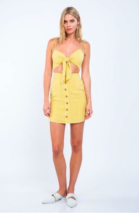 Becca Yellow and White Print Cutout Mini Dress