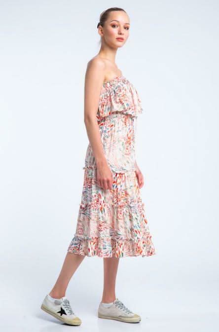 Faye Boho Print Strapless Tiered Midi Dress
