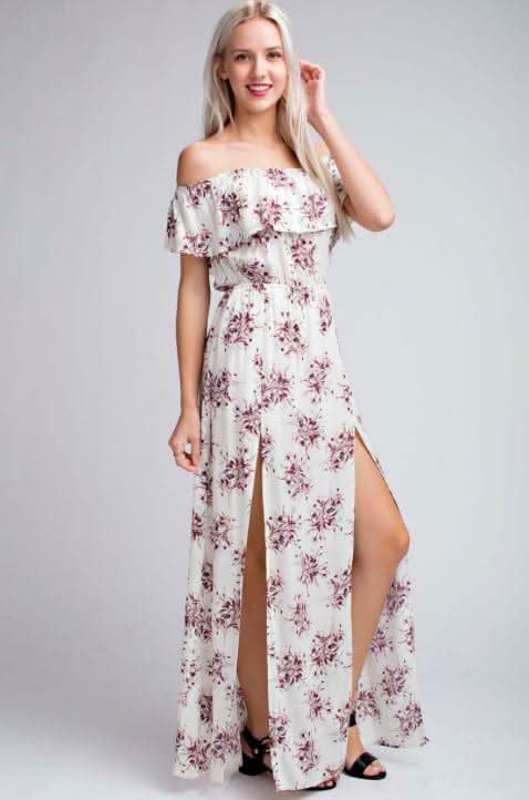 I Adore White Floral Print Off-the-Shoulder Maxi Dress