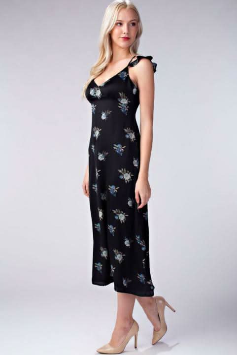 Along the Prairie Black Floral Print Midi Dress