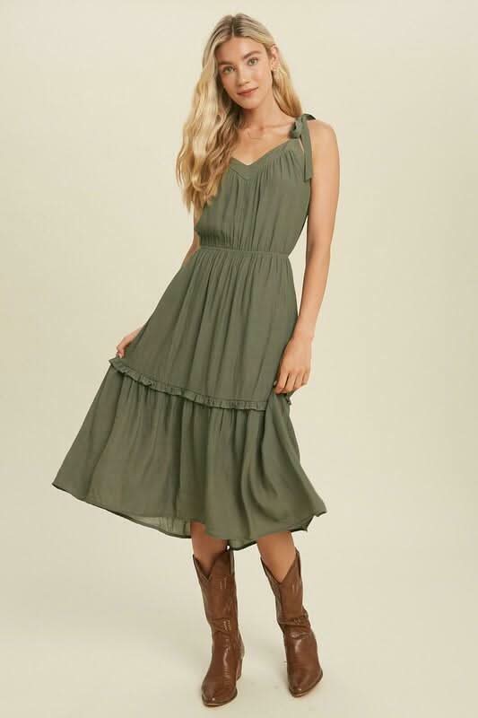 Why Wait Olive Tie-Strap Midi Dress
