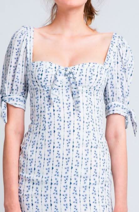 Tory White  and Blue Floral Print Puff Sleeve Mini Dress