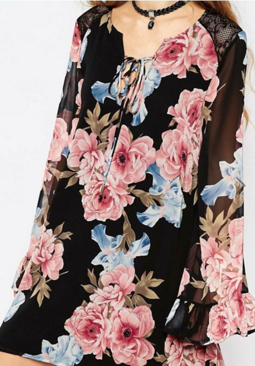 Bloomin' Black Flora Bell Sleeve Shift Dress