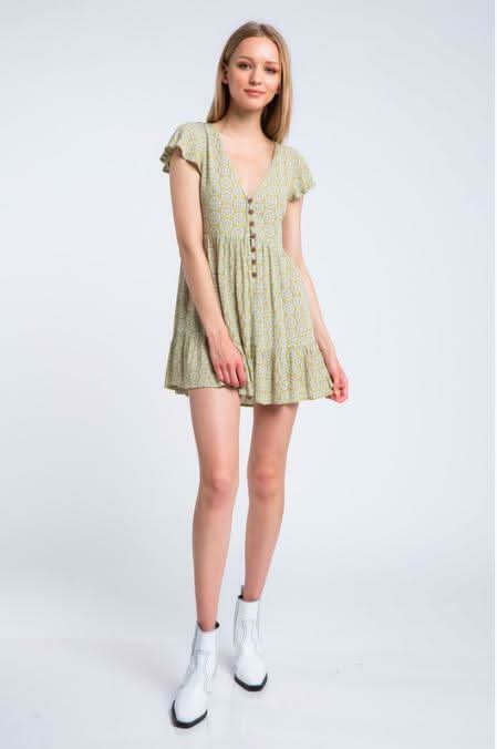 Tina Apple Green Boho Print Mini Dress