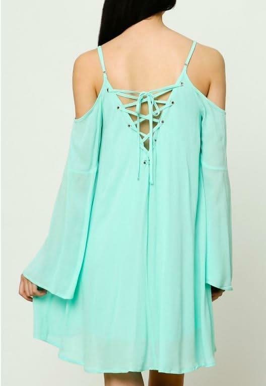 Welcome Back Mint Cold Shoulder Lace-Up Dress