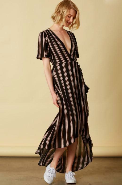 When in Rome Black Striped Wrap Maxi Dress