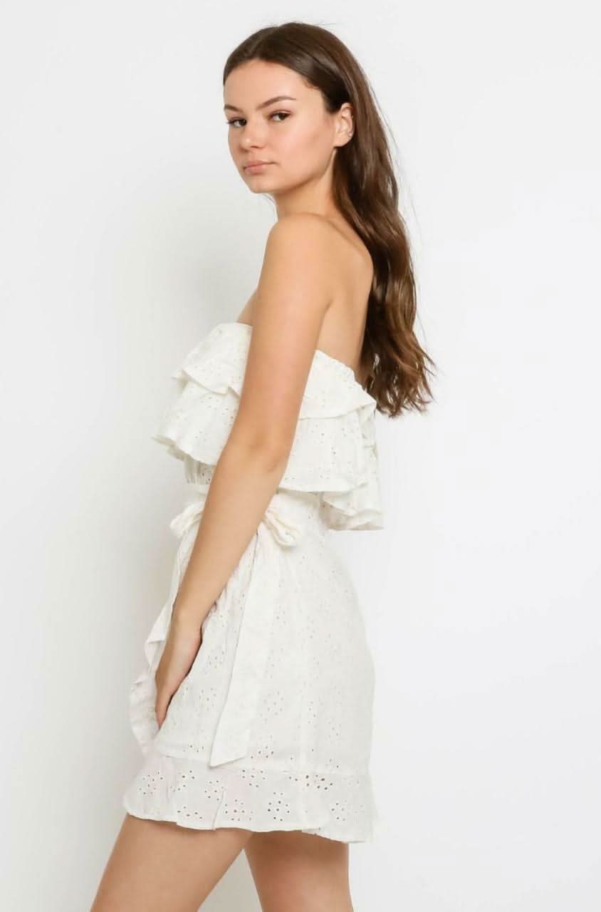 Sunshine Will Follow White Eyelet Strapless Mini Dress