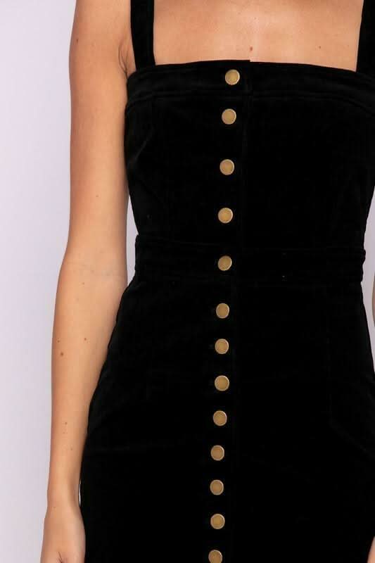 Sylvia Black Velvet Button-Down Pinafore Dress
