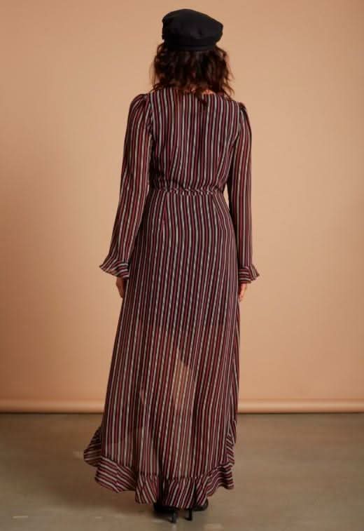 Vine Burgundy Stripe Long Sleeve Ruffle Wrap Maxi Dress