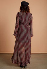 Vine Burgundy Stripe Long Sleeve Ruffle Wrap Maxi Dress