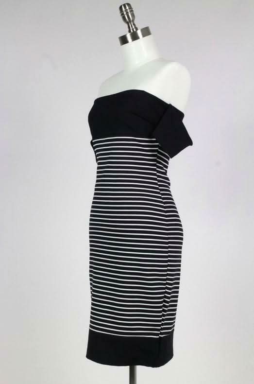 Worth it Black and White Striped Off-The-Shoulder Midi Dress