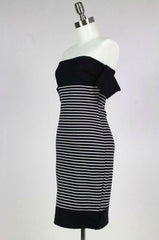 Worth it Black and White Striped Off-The-Shoulder Midi Dress