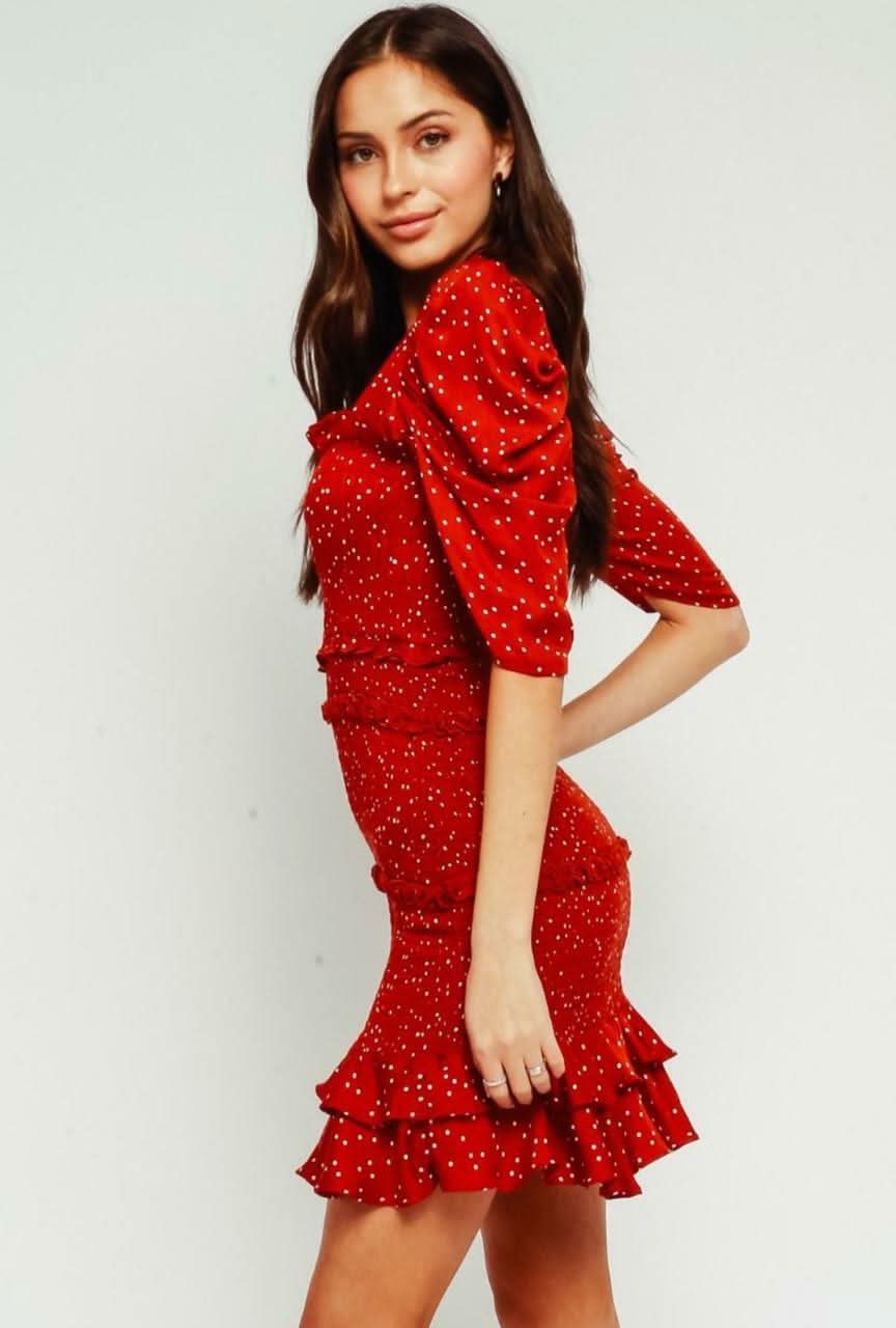 Naomi Red Dot Smocked Puff Sleeve Mini Dress