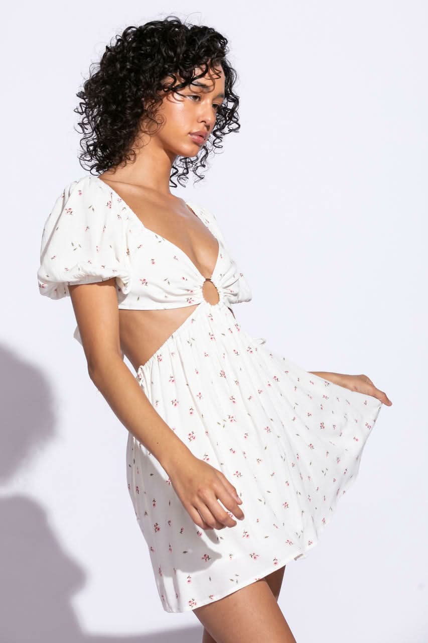 Valerie Ivory Floral Print Puff Sleeve Cutout Mini Dress