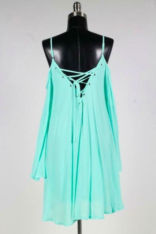 Welcome Back Mint Cold Shoulder Lace-Up Dress