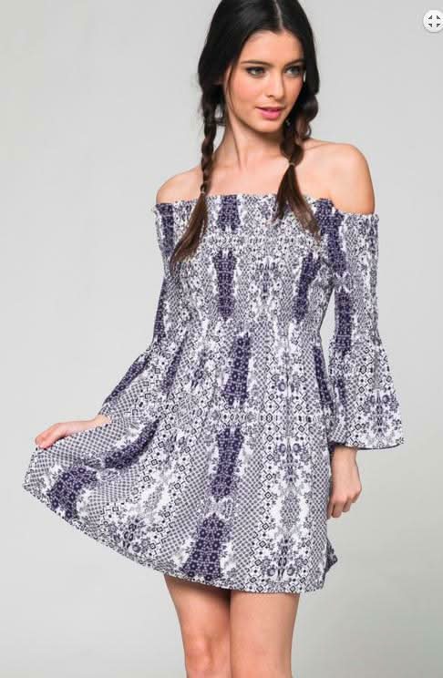 Soma Navy  Print Off-The-Shoulder Flared Dress