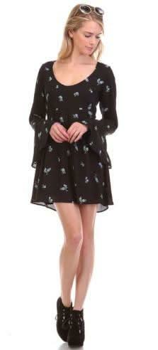 Botanical Babe Black Floral Print Bell Sleeve Dress