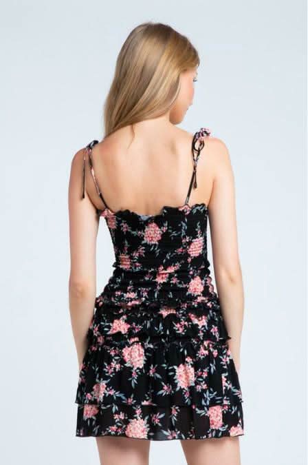 Taylor Black and Pink Floral Ruffled Mini Dress