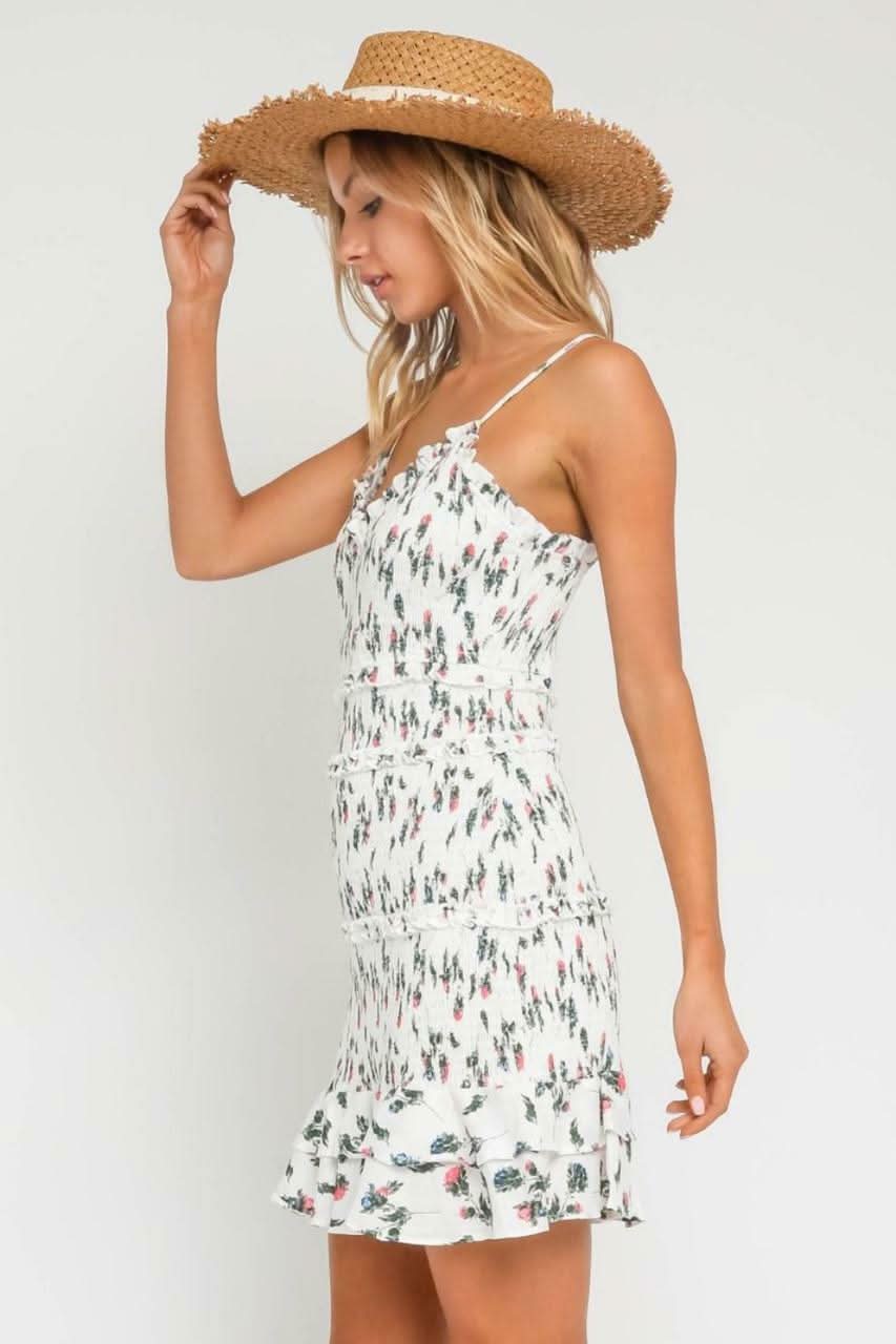 Rhea White and Pink Floral Smocked Ruffle Mini Dress