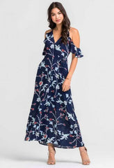 Grace Navy Floral Cold-Shoulder Maxi Dress
